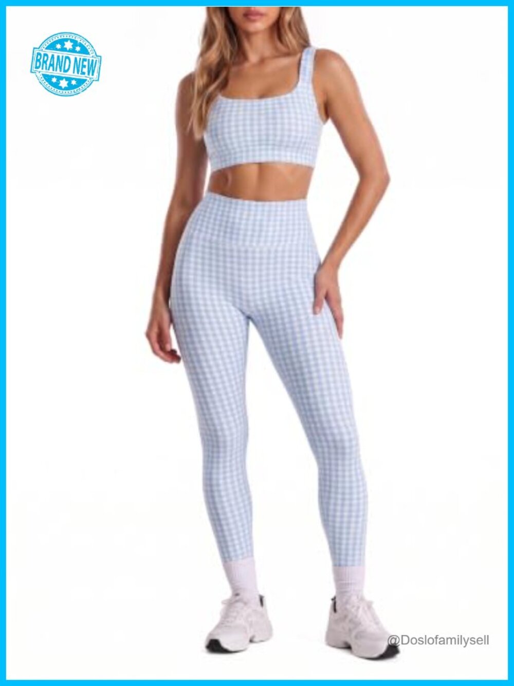 Gingham Workout Set Sports Bra High Waist Leggings 2 Piece Athletic
